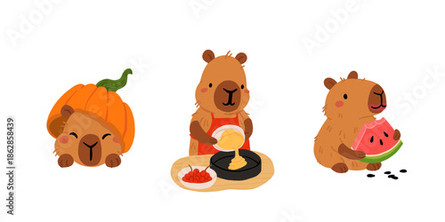 Cartoon capybara collection. Kawaii capybara, different funny animal characters, cute capybaras mascot. Various adorable animals, kids stickers. Childish set, flat vector illustration