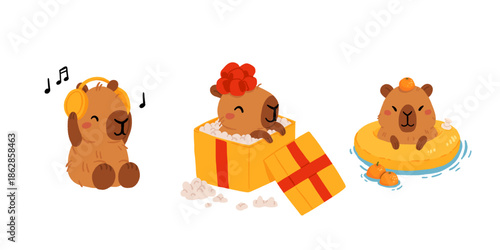 Cartoon capybara collection. Kawaii capybara, different funny animal characters, cute capybaras mascot. Various adorable animals, kids stickers. Childish set, flat vector illustration