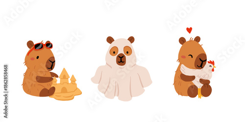 Cartoon capybara collection. Kawaii capybara, different funny animal characters, cute capybaras mascot. Various adorable animals, kids stickers. Childish set, flat vector illustration