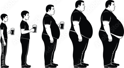 Beer drinking silhouettes, male figures progression, weight gain concept, lifestyle impact, alcohol consumption art, body transformation, health illustration, humorous design