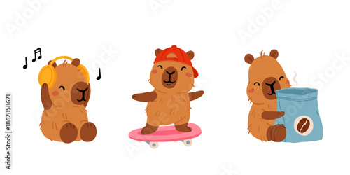 Cartoon capybara collection. Kawaii capybara, different funny animal characters, cute capybaras mascot. Various adorable animals, kids stickers. Childish set, flat vector illustration
