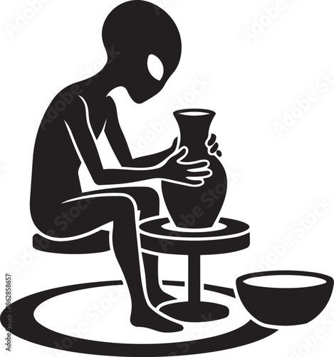 Alien potter shaping clay vase on pottery wheel with water bowl nearby side view silhouette