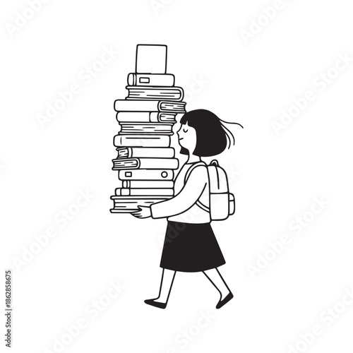 Hand drawn vector illustration of a cute student girl walking with a backpack and carrying a heavy stack of books, concept of education, school life, and learning.
