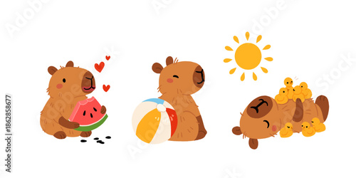 Cartoon capybara collection. Kawaii capybara, different funny animal characters, cute capybaras mascot. Various adorable animals, kids stickers. Childish set, flat vector illustration
