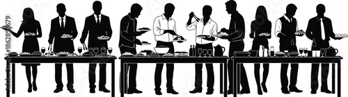 Buffet, silhouette, people, food, dining, social, event, gathering, formal, black, white, hospitality, serving, plate, drink, table, crowd, celebration, corporate, elegant