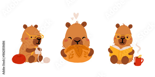 Cartoon capybara collection. Kawaii capybara, different funny animal characters, cute capybaras mascot. Various adorable animals, kids stickers. Childish set, flat vector illustration