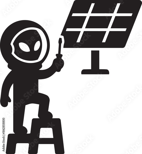 Alien technician in space suit repairing solar panel with screwdriver tool silhouette design