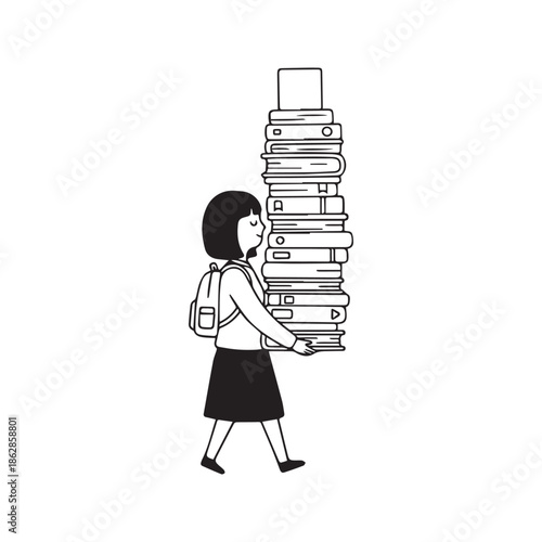 Hand drawn vector illustration of a cute student girl walking with a backpack and carrying a heavy stack of books, concept of education, school life, and learning.
