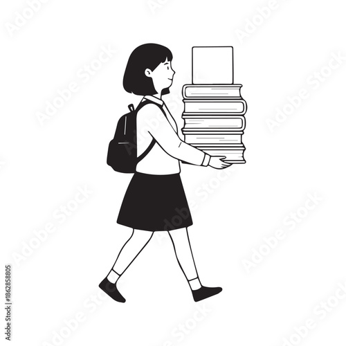 Hand drawn vector illustration of a cute student girl walking with a backpack and carrying a heavy stack of books, concept of education, school life, and learning.
