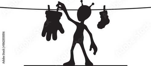 Alien with antennae hanging laundry in silhouette style vector illustration isolated on transparent background