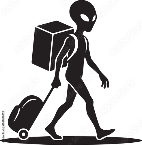 Alien with backpack and suitcase, traveling, walking, silhouette, luggage
