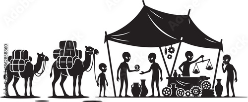 Aliens and camels at desert market with goods and scales for trade