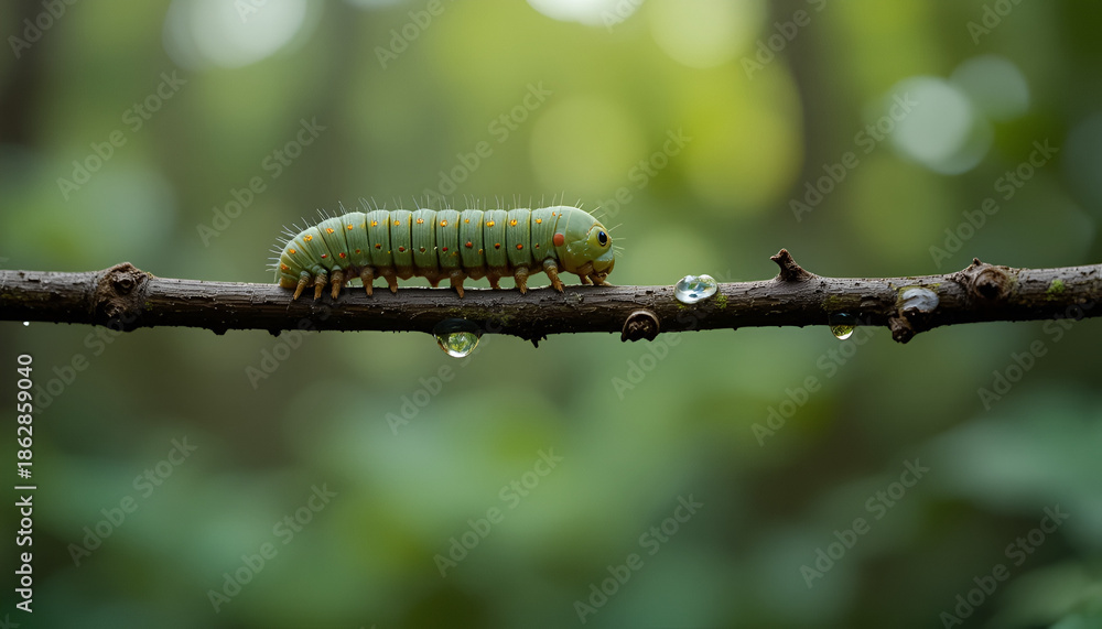 Fototapeta premium Green caterpillar crawling slowly on a thin branch in nature