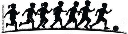 Children running silhouettes, playful activity scene, outdoor play illustration, childhood motion art, social interaction design, energetic lifestyle concept