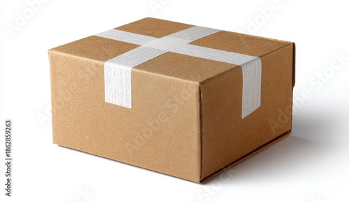 Isolated Brown Cardboard Shipping Box Sealed with White Packing Tape, Ready for Delivery.