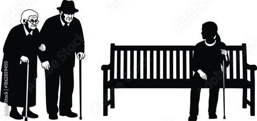 Elderly couple silhouettes, walking with canes, senior man woman, bench sitter, aging concept, companionship illustration, mobility aid, accessibility scene