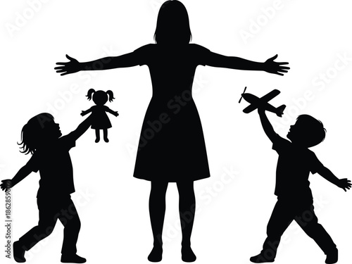 Family silhouettes, parent with children, toy airplane doll, parenting concept, childhood affection, emotional connection, playtime illustration, family love, bonding scene