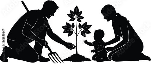 Family silhouettes, tree planting scene, gardening together, nurturing growth, environmental care, parent child bonding, nature illustration, sustainability concept, outdoor activity
