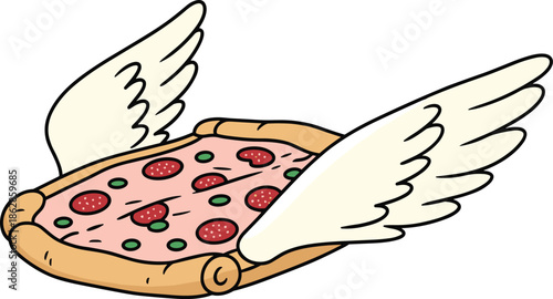 Flying, pizza, slice, wings, cartoon, food, fantasy, pepperoni, crust, cheese, herbs, creative, humorous, illustration, whimsical, airborne, tasty, imaginative, black, white
