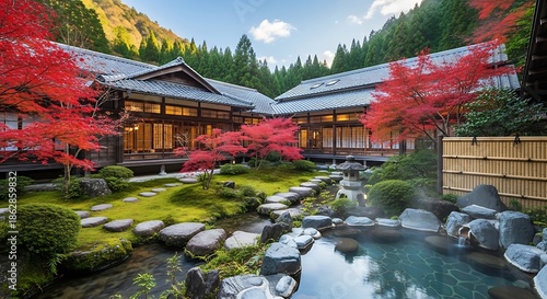 Serene Japanese Ryokan with Autumn Foliage and Tranquil Garden.