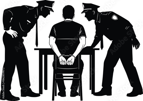 Interrogation, police, cuffs, suspect, crime, law, justice, authority, questioning, table, uniform, silhouette, legal, arrest, officer, black, white, tension, procedure, scene