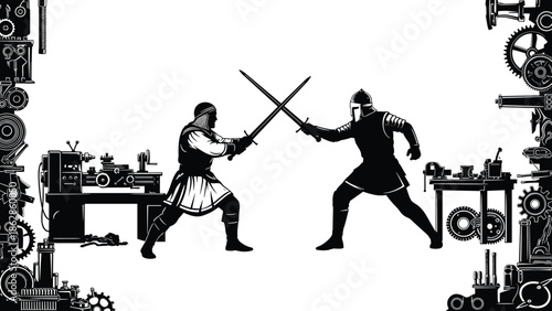 Medieval, knights, sword fight, armor, chainmail, helmet, industrial, machinery, gears, tools, contrast, black, white, illustration, combat, history, mechanical, 