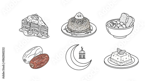 Ramadan Food and Middle Eastern Dessert Icon Set, Line Art Illustration of Dates, Kunafa, Cake, and Traditional Islamic Symbols