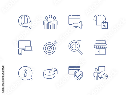 Business and marketing icon set, global communication, target strategy, analytics, promotion, e-commerce, finance, security and customer interaction linear outline symbols flat vector illustration.