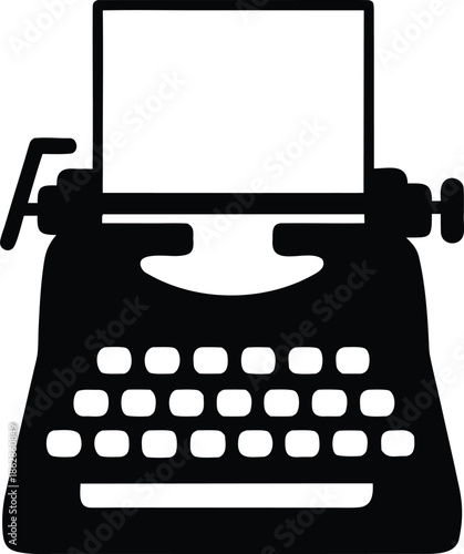 Front view of classic manual typewriter with blank paper sheet ready for composing stories