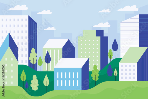 Green Modern City Illustration with Buildings and Trees