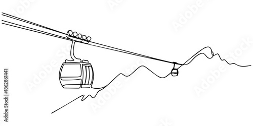 cable car transportation continuous one line drawing, continuous line drawing of cable car.one line drawing of cable car transportation in mountainous areas for tourism. single line vector
