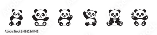 Group of cute panda bears in different joyful poses with happy expressions and simple background