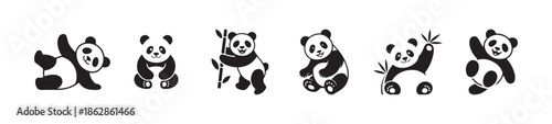 Various cute panda bear characters black and white icons set isolated on white background