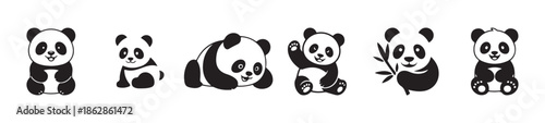 Happy cartoon panda sitting, eating bamboo, playful vector for kids