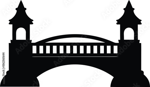 Elegant classic arch bridge silhouette features ornamental towers and sturdy foundations