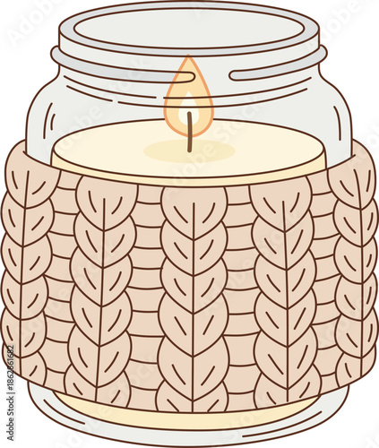 Cute Cozy Lit Candle in Jar with Knitted Sleeve Illustration for Valentine's Day and Home Decor