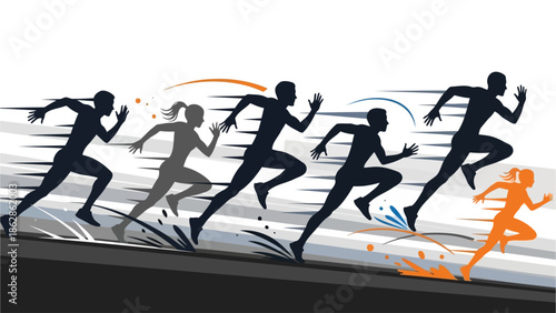 Dynamic vector illustration showcasing a group of runners sprinting forward with motion blur effects, representing competition, speed, and athletic achievement