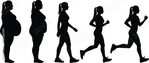 Weight loss transformation silhouettes, woman fitness stages, exercise running figure, slimming process, t