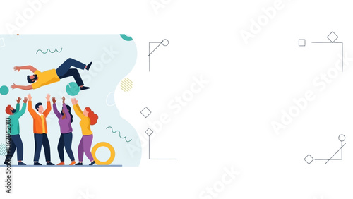 Dynamic illustration of people celebrating together, jumping, and having fun in a vibrant, abstract environment from a straightforward perspective