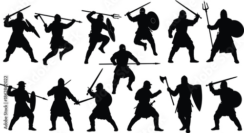 Warrior silhouettes, ancient gladiator combat, swords spears tridents axes, shield fighters, historical battle poses, fantasy warriors, dynamic illustration, weapon silhouettes, combat scene