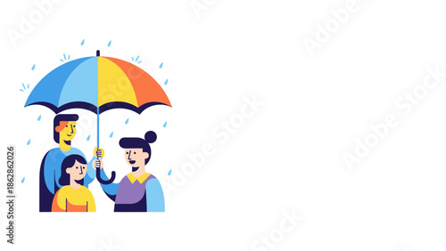 Family sharing a colorful umbrella on a rainy day viewed from the side