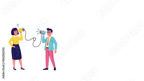 Illustration of a man and woman communicating with tin cans on a string, depicting a unique method of conversation.