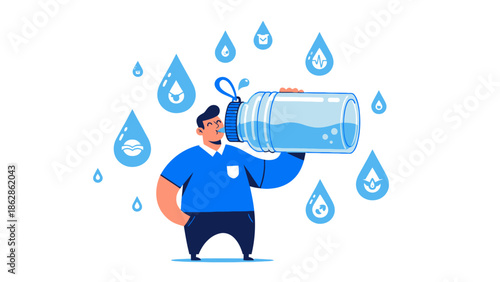 Man holding a large water bottle surrounded by water droplets in a simple illustration style