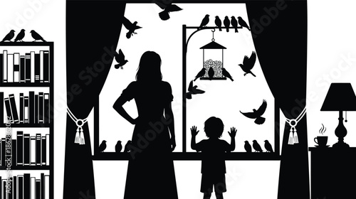 Woman child silhouettes, window bird feeder, cozy indoor scene, wildlife observation, domestic life, nature interaction, family bonding, peaceful illustration