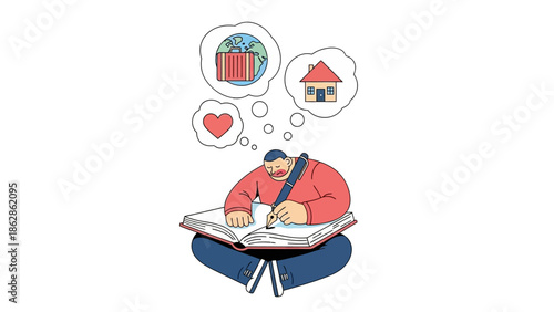 Man sitting on floor with papers and thoughts of house, gift, and heart above him