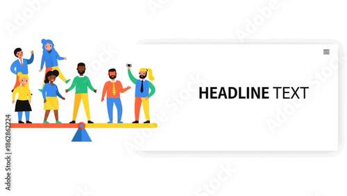 Diverse group of people standing together on colored platforms with one person being lifted high in a celebratory gesture