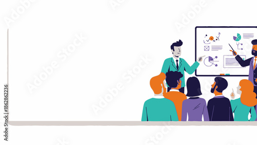 Business professionals gathered around a presentation screen discussing data analysis and marketing strategy in a modern conference room.