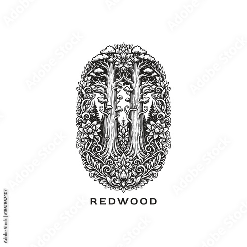 Ancient redwood forest illustration with towering trees and blooming flowers in vintage woodcut engraving style.