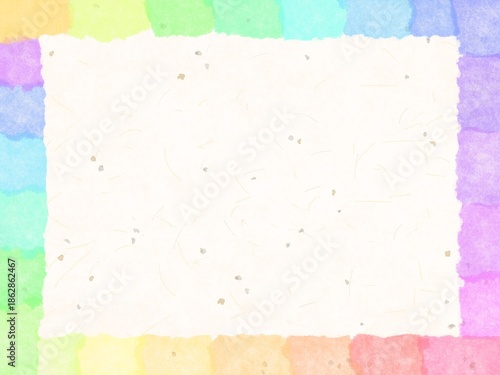 和紙を背景に透明水彩風の淡い色のレインボーフレームイラスト