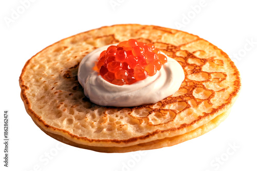 Pancakes with Cream and Red Caviar Isolated on White Background